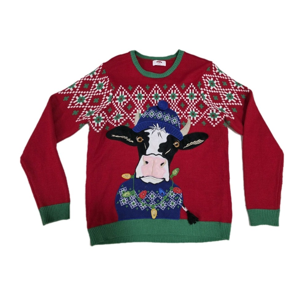 Holiday Time Ugly Christmas Cow Sweater L 42–44 3D Pom Pom - Picture 3 of 9